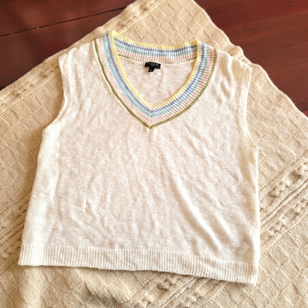 Talbots Pastel Rainbow Stripe Neckline Linen Knit Jumper size Large Petite